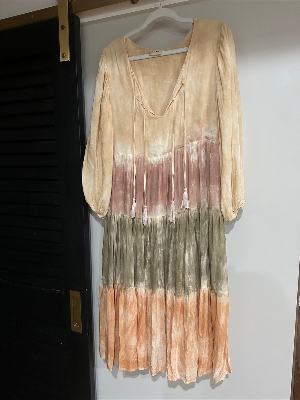 Storia Tiered Tie-Dye Midi Dress in Cream, Pink, Olive & Peach